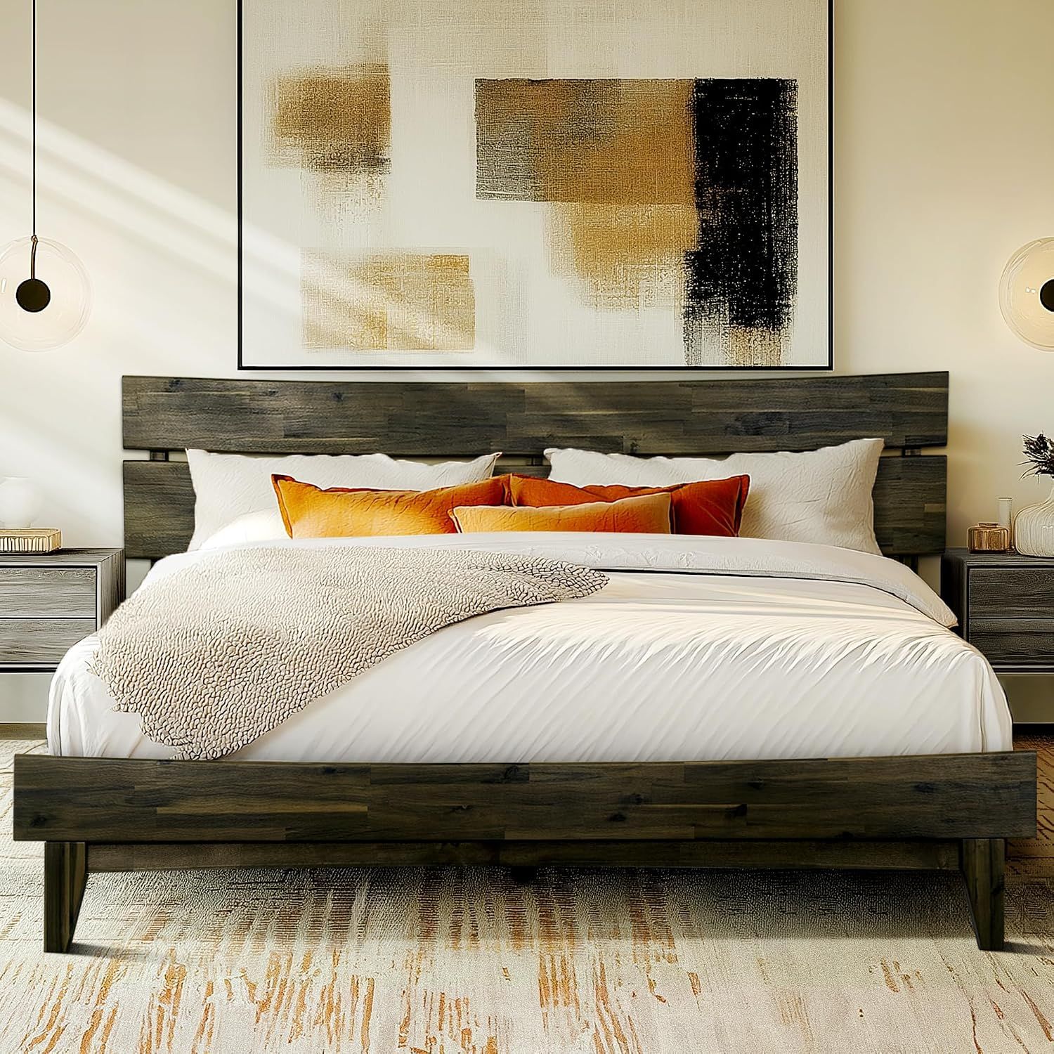 Acacia Aurora Wooden Bed with Headboard, King Size Bed Frame, 800lbs Capacity Wood Bed Compatible with All Mattress Types, Non-Slip &amp; Noise-Free, Wood Slats Support, Easy Assembly, Mocha.