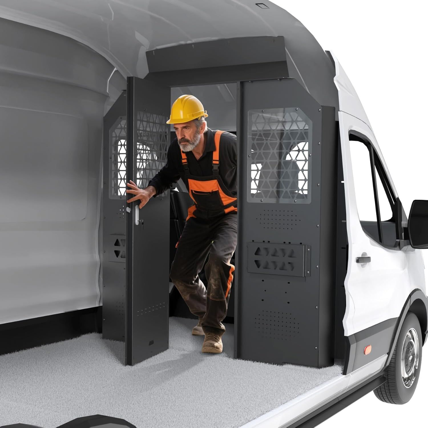 Van Partition with Hinged Door Fits for Ford Transit High Roof | Steel Bulkhead Fits for 2014-2026 Transit 150/250/350, Secure Cargo and Protect Drivers, Fast Tool Access for Frequent Use