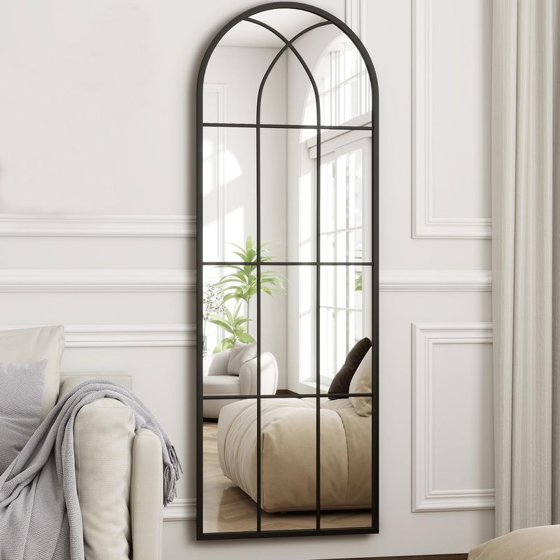 65"x 22" Arched Full Length Window Wall Mirror,Winndow Pane Mirror, Farmhouse Arched-Top Mirror with Metal Framed, Rustic Decorative Mirrors - Black