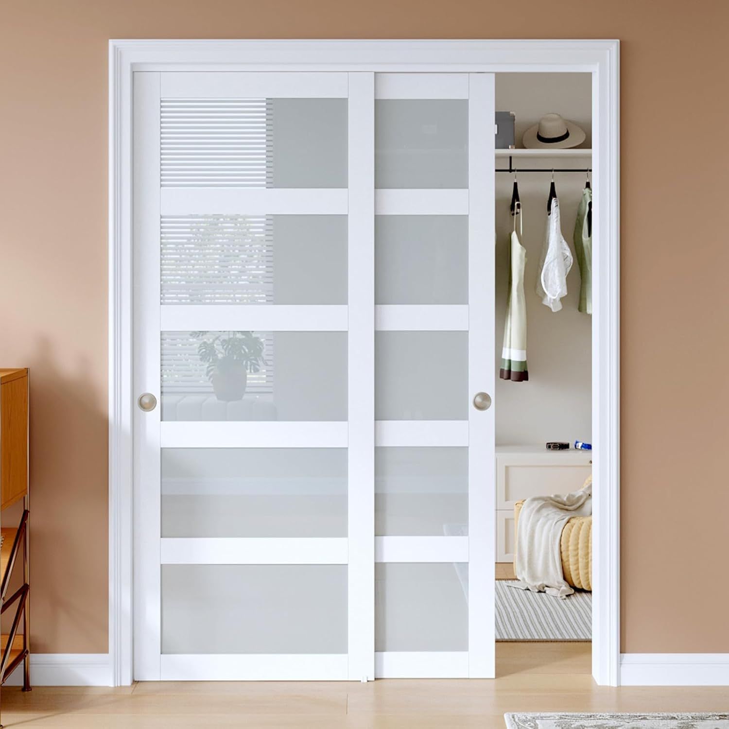 60"x 80"(Double 31"×80") Sliding Closet Door | 5-Lite Frosted Glass Bypass Sliding Door with Hardware Kit,Solid MDF Wood Slab &amp; Water-Proof PVC Surface,White