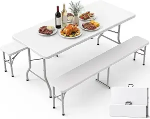 Pureegg Folding Table and Chairs Set - Sturdy 6FT Folding Table with 2 Chairs, No Assembly Required, Portable Camping Table with Carry Handle for Dining, Party, White