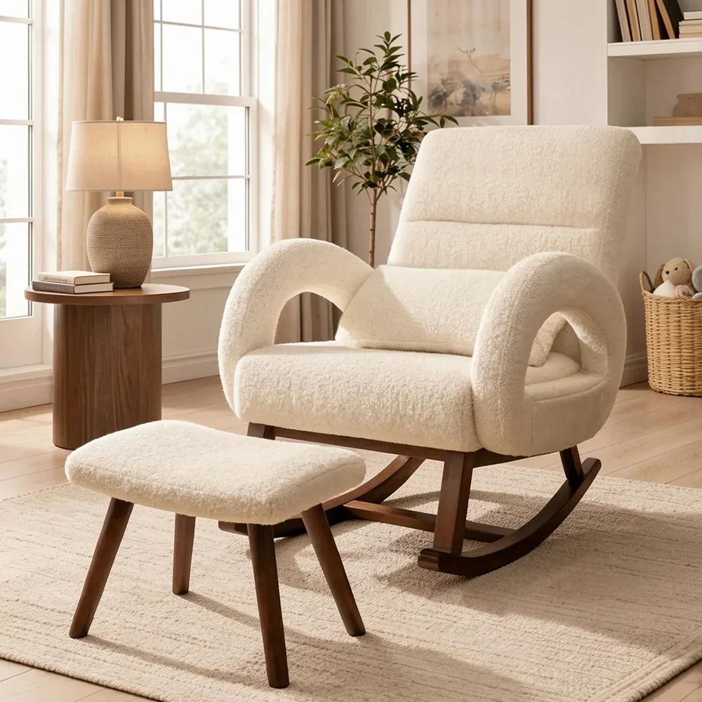 COMHOMA® Teddy Fabric Rocking Chair Nursery with Ottoman &amp; Lumber Pillow H007