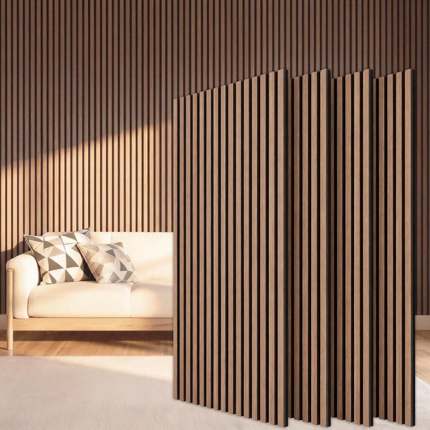 TONOR Wood Slatwall Panels, 4 Pack 47.2" x 23.6"/ 120 x60cm(31ft²) Acoustic Wall Panels, Wood Slat Acoustic Panels for Noise Cancelling and Home Decor, Living Room, Bedroom, Office, Room Decor, Walnut