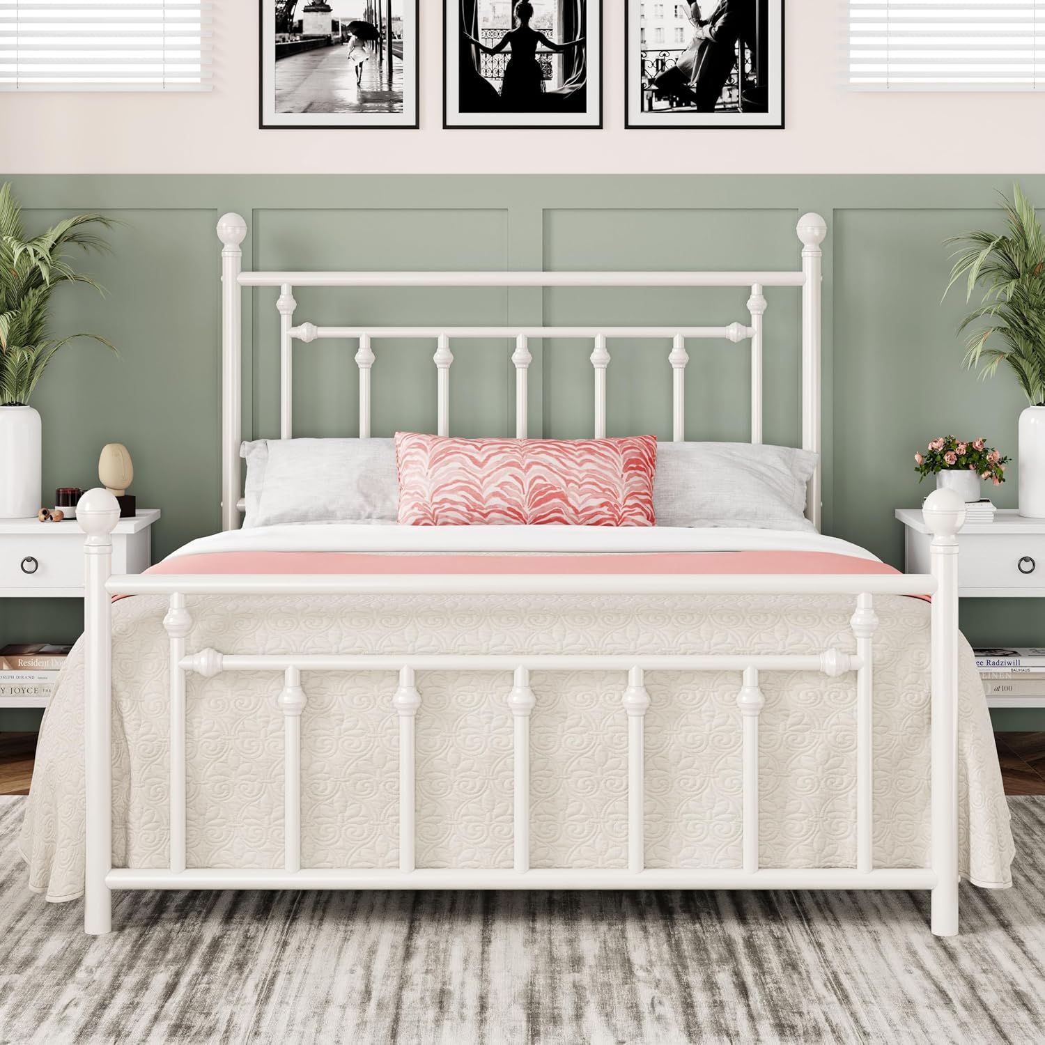 Allewie 14'' Queen Size Metal Platform Bed Frame, Vintage Headboard, White | 50'' Tall Victorian Headboard/Footboard/Mattress Foundation/Under Bed Storage/No Box Spring Needed