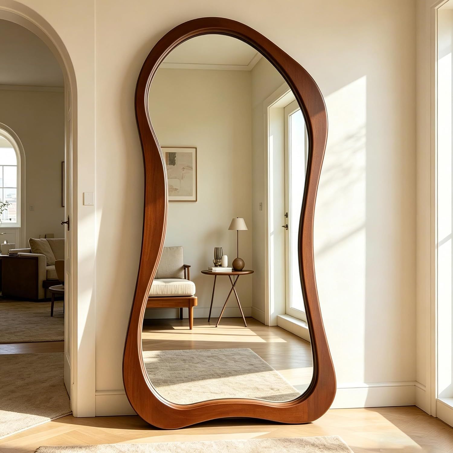 71"x33.5" Irregular Full Length Mirror with Solid Wood Frame | Walnut Wood, Leaning/Wall-Mounted, Oversized Asymmetrical Organic Floor Mirror for Entryway, Living Room and Dressing Areas