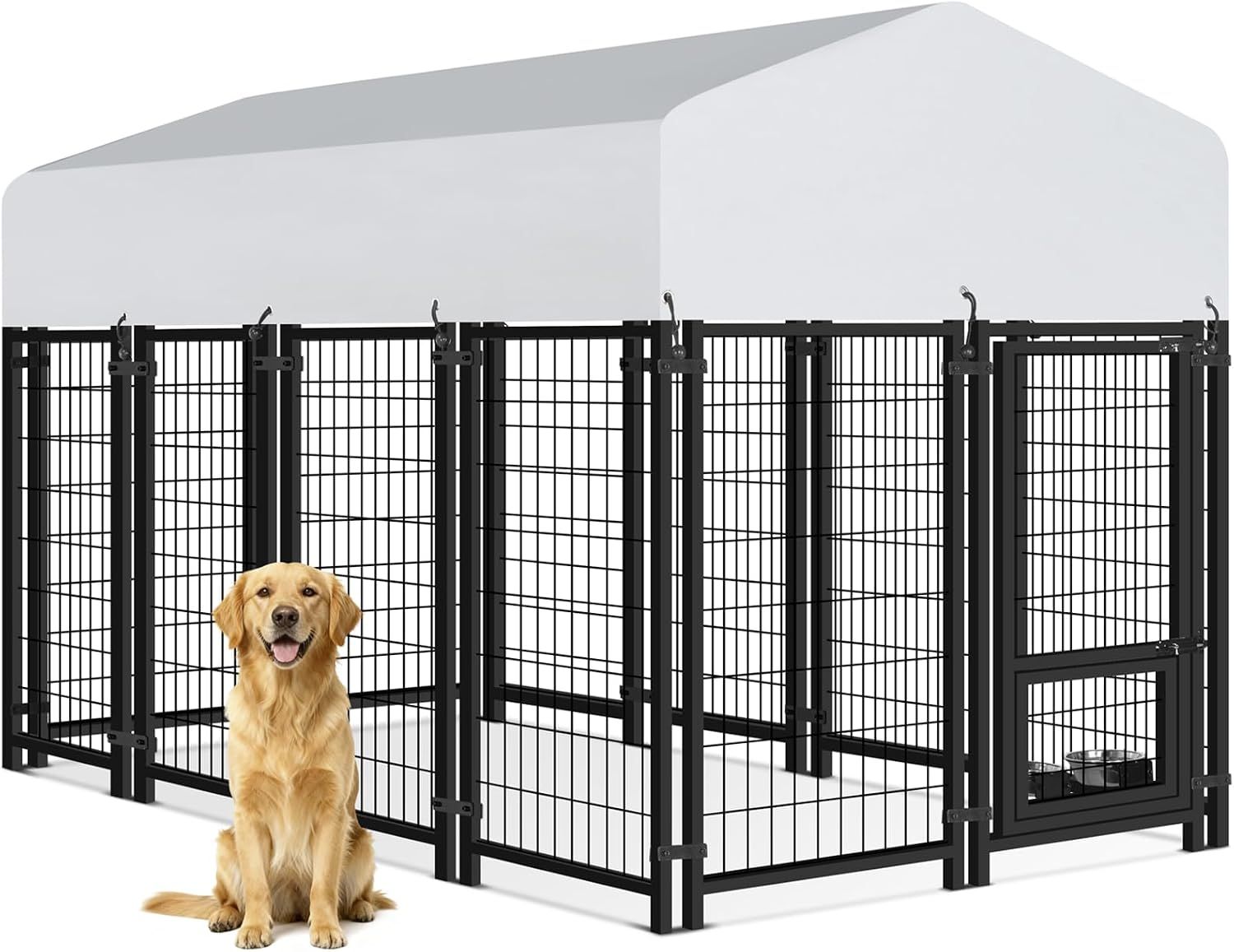 Oranland 7.8x4x5FT Outdoor Dog Kennel for Small/Medium/Large Dogs | Welded Wire Outside Dog Pen, Anti-Rust Dog Run with Lock, UV-Resistant Waterproof Roof &amp; Swivel Stainless Steel Feeding Bowls