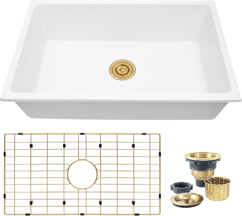 Rhbamoa 32 Inch White Undermount Kitchen Sink,White Kitchen Sink 32''x18'' | Undermount Granite Composite Kitchen Sink,10 Inch Depth Large Single Bowl Quartz Sinks with Accessories