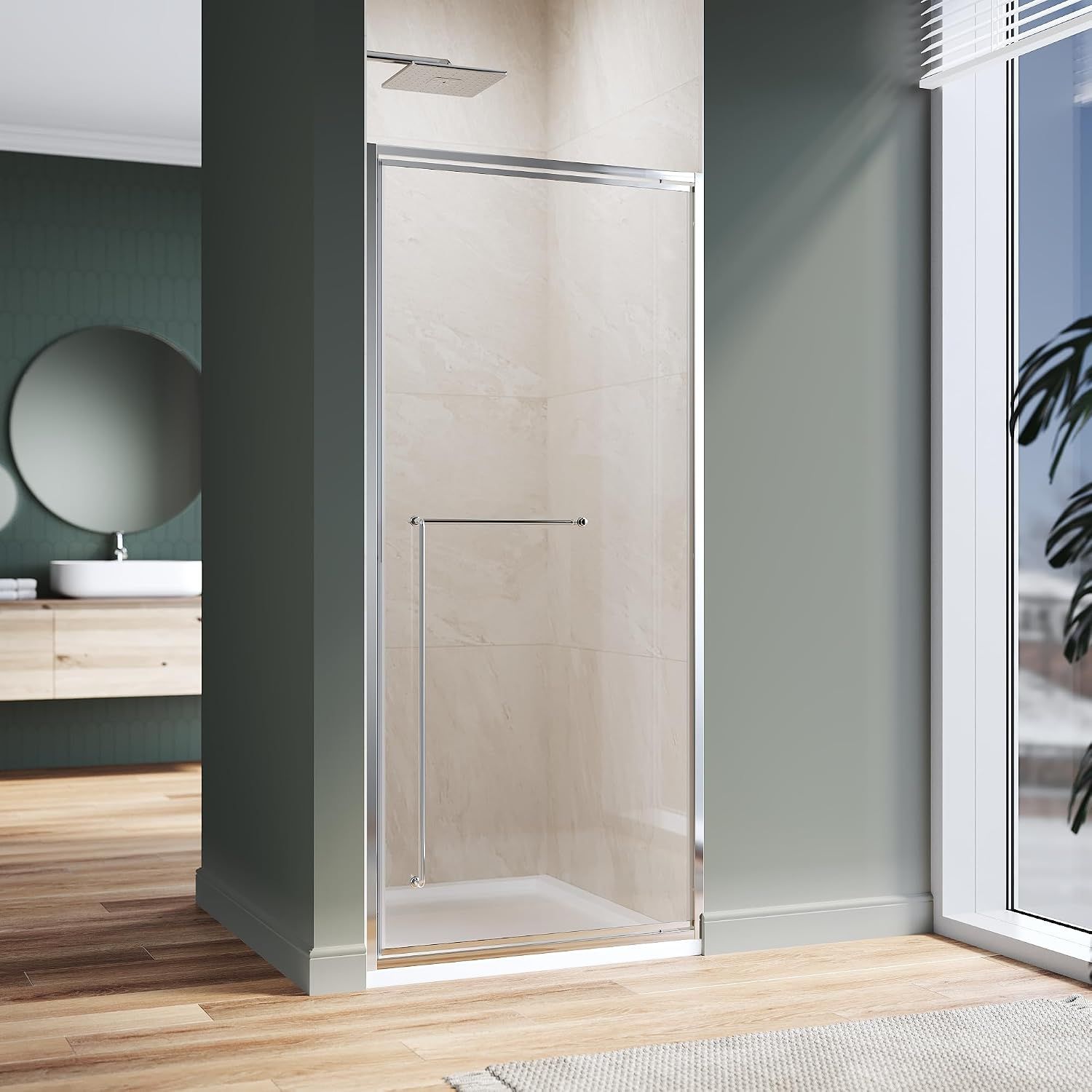 Pivot Swing Shower Door 32 in.D x 72 in. H| Shower Door with 1/4 in. Clear Tempered Glass| Pivot Shower Door | Silver (Shower Base Not Included)