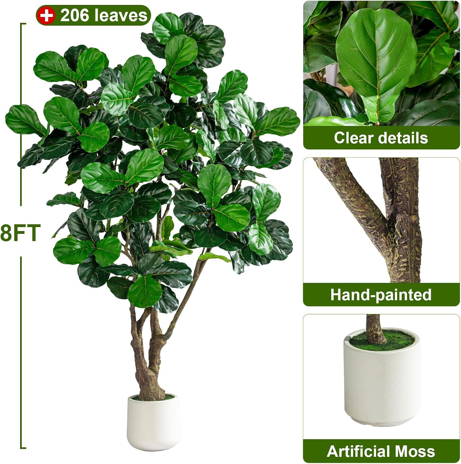 Large Artificial Trees with Pot Indoor Outdoor Realistic Floor Fake plantas Tall Faux Fiddle Leaf fig Tree for Home Living Room Bedroom Office Porch Outside Patio