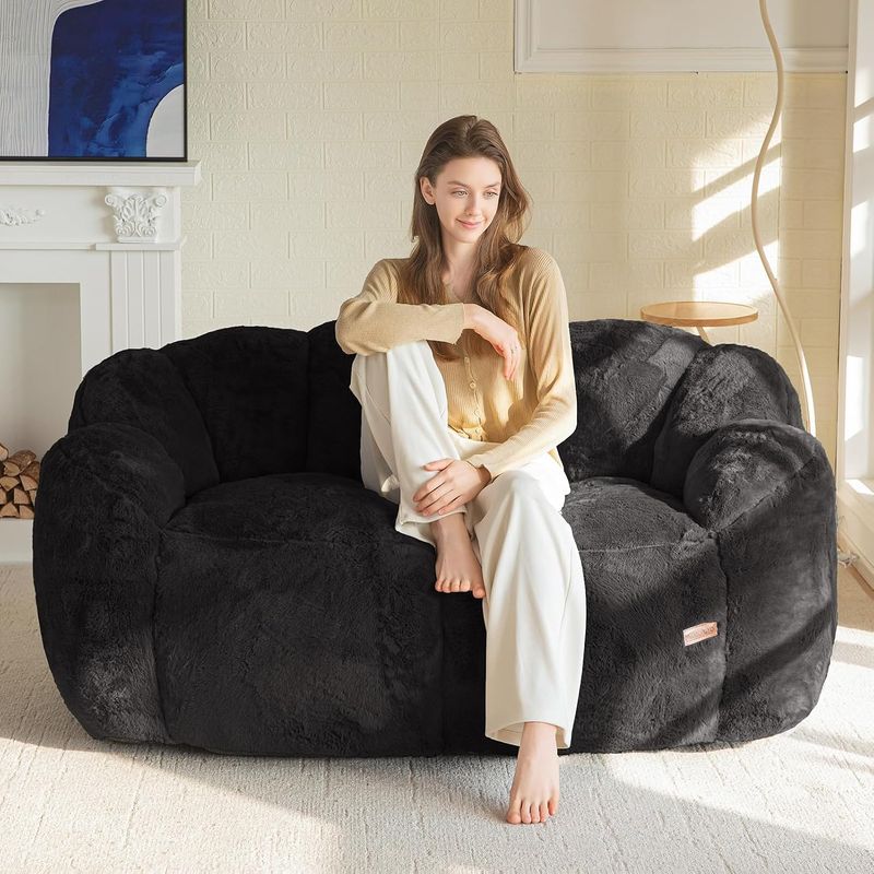 MAXYOYO Bean Bag Chair for Adults, Floral Shaped Bean Bag Sofa | Ultra Soft Faux Fur Floor Sofa, Large Reading Chair for Living Room Bedroom, Black, Double