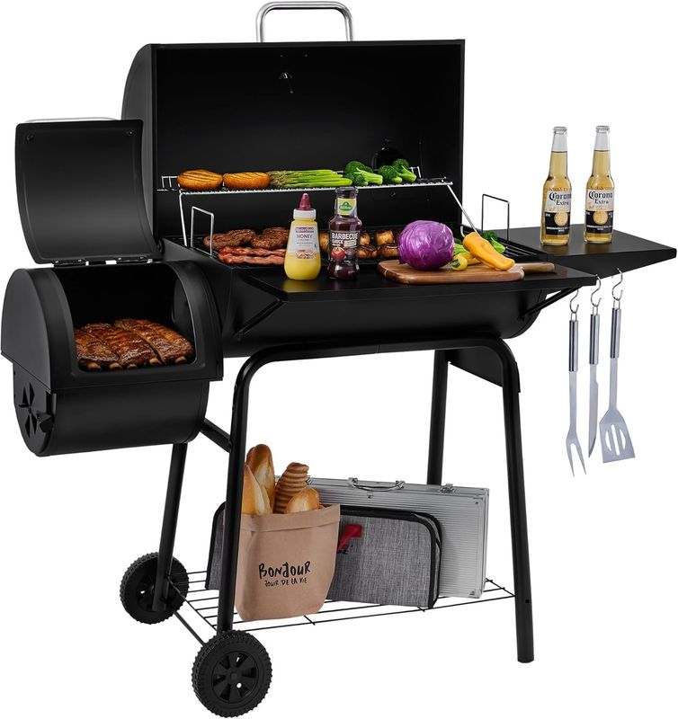 Royal Gourmet CC1830S BBQ Charcoal Grill and Offset Smoker, Outdoor Camping | 823 Square Inch Barrel Charcoal Grill, Front and Side Table, Adjustable Charcoal Pan, Side Door, Lid Thermometer | Black