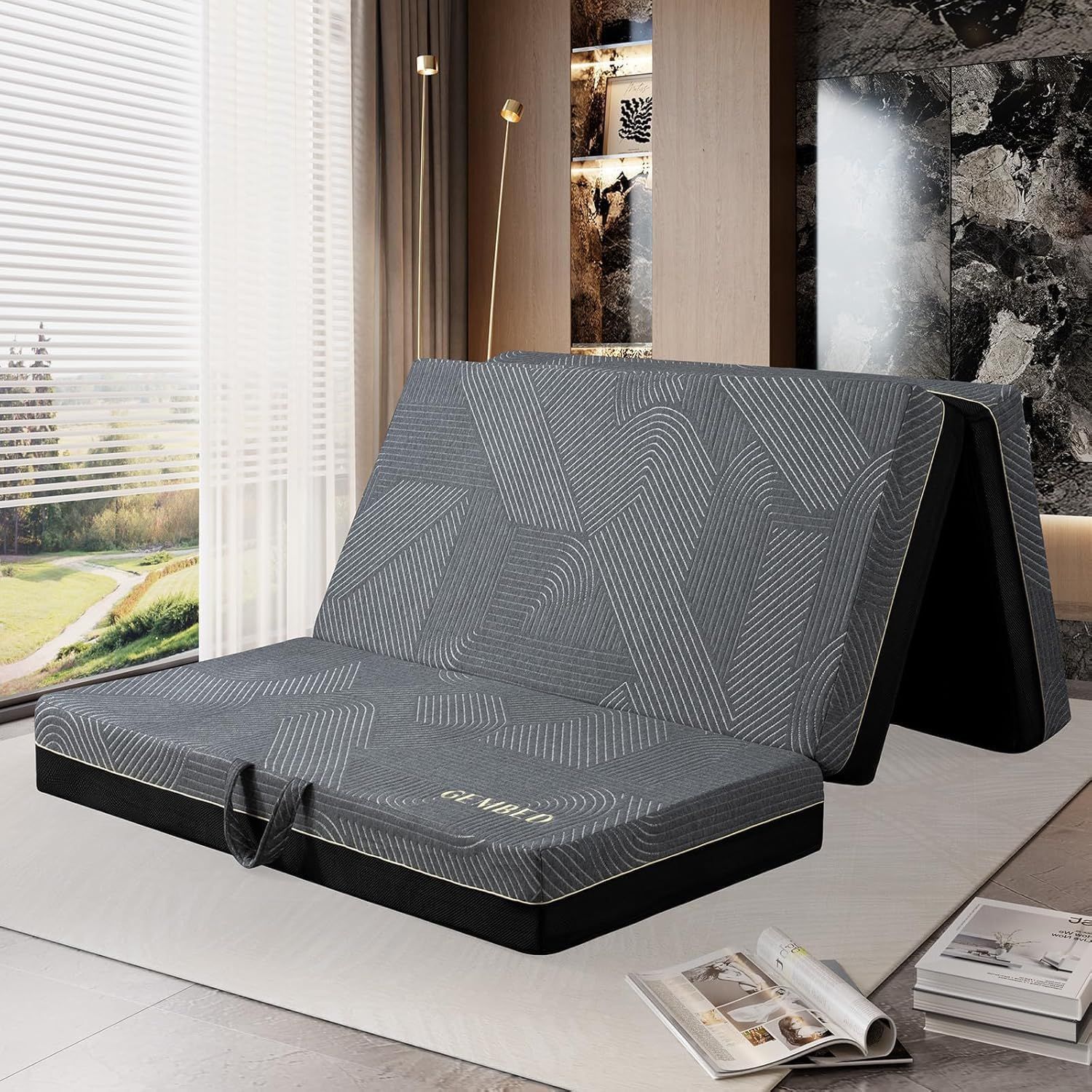 GEMBED Tri Folding Mattress Queen Size - 6 Inch Foldable Floor Sofa Bed | Memory Foam Tri-fold Handle &amp; Non-Slip Bottom, Portable Foldable Sofa Bed Floor for Travel RV Camping Yoga - 78"x58"x6"