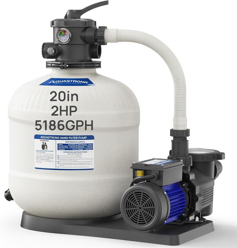 AQUASTRONG 20in Sand Filter Pump, 2 HP, 5186 GPH Dual Speed Pool Pumps for Pools Up to 21000 GAL, Pool Filter With 6-Way Valve, Improved Circulation and Filtration