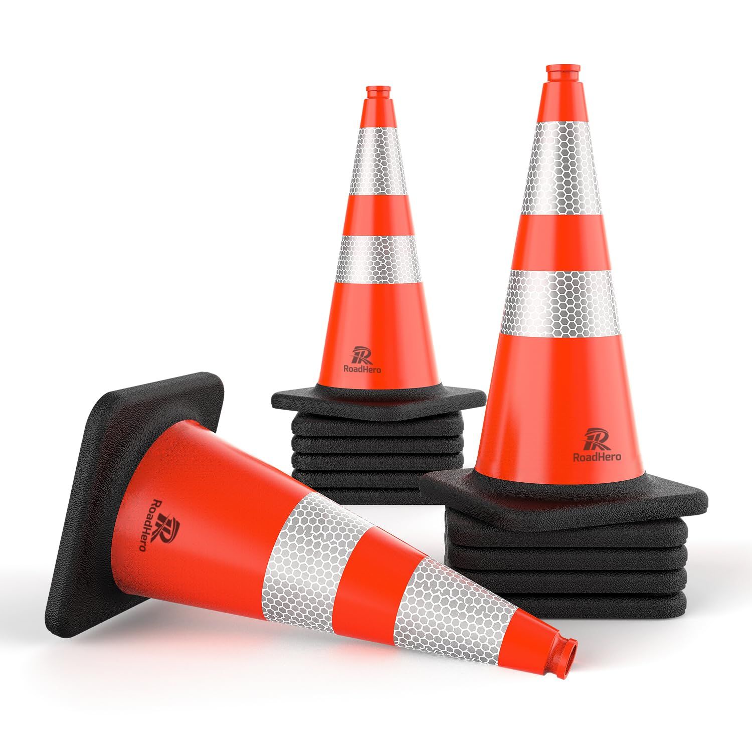 RoadHero Orange Traffic Safety Cones 28 Inch with Weighted Base, 12 Pack | Reflective Collar, Flexible PVC, For Parking Lot, Sport and Driving Training, Construction Events, Traffic Control