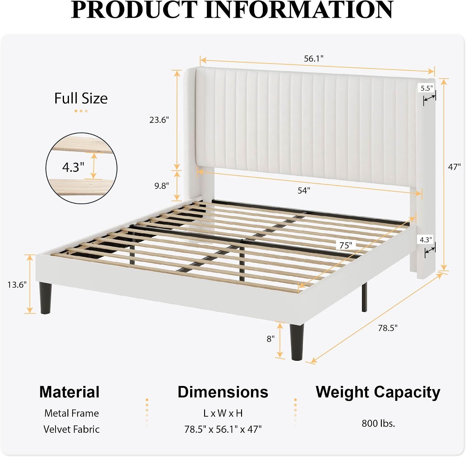 SHA CERLIN Full Size Velvet Bed Frame, Tufted Wingback Headboard, White | 47'' Modern Vertical Channel Headboard, Upholstered Platform Bed, Wood Slats, No Box Spring Needed, Easy Assembly