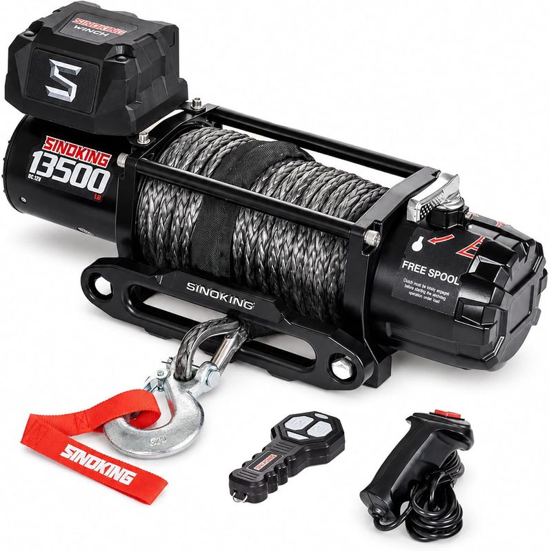 SINOKING 13500 lb Electric Winch for Jeep, Truck, SUV, Trailer Winch &amp; Boat Winch – Heavy Duty Synthetic Rope 12V Winch, Waterproof Towing Winch with Wireless and Wired Remote