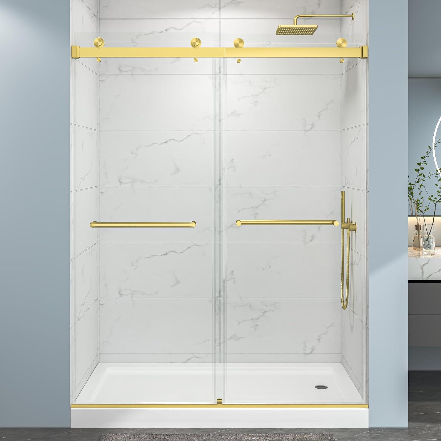 Frameless Double Bypass Sliding Shower Door, 55"-60" W x76 H, 5/16"(8mm) ANSI Clear Tempered Glass with Explosion-Proof Safety Film, Brushed Gold Hardware Bathroom Shower Enclosure