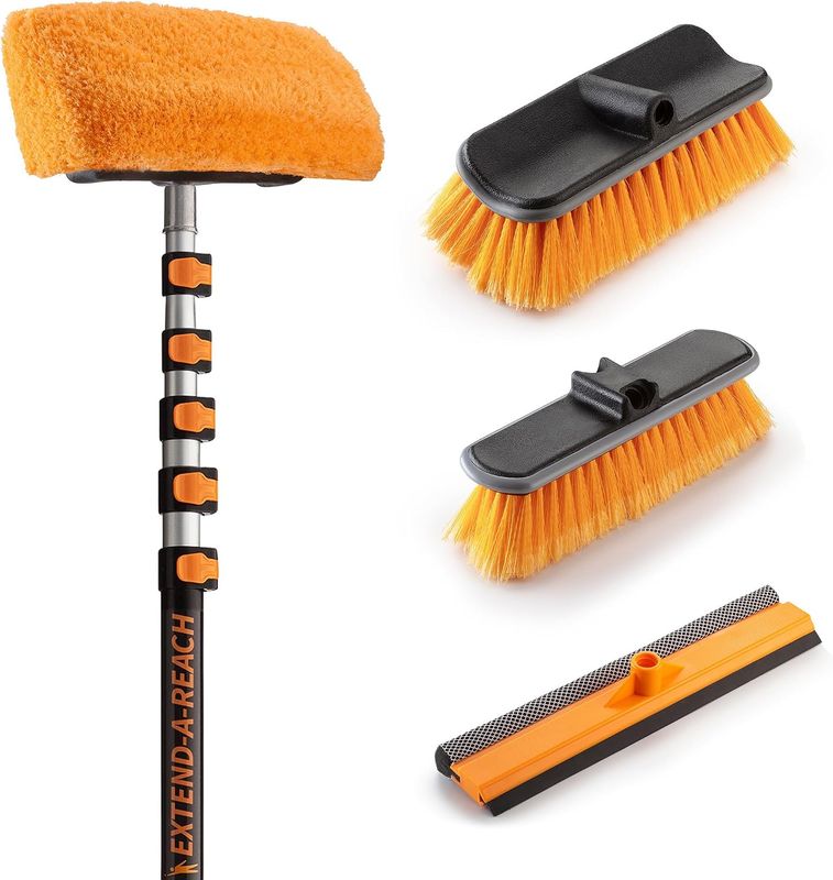30-Foot Exterior House Cleaning Brush Set with 5-24 ft Extension Pole Vinyl Siding Brushes with Telescopic Extendable Pole &amp; Window Cleaning Squeegee // The Ultimate Extension Scrub Brush Set