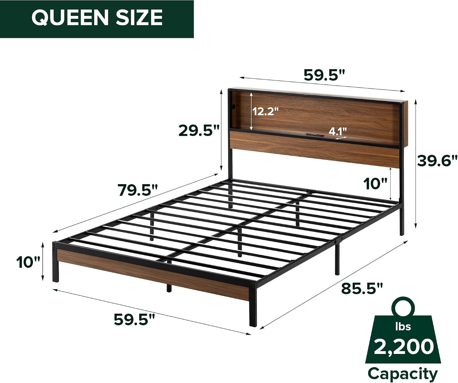 Zinus Kai Platform Bed Frame, RGB LED Lights, No Box Spring Needed, Queen Two-Tier Headboard for Space-Saving Storage, Built-in USB Charging Station, Soft Ambient Night Light