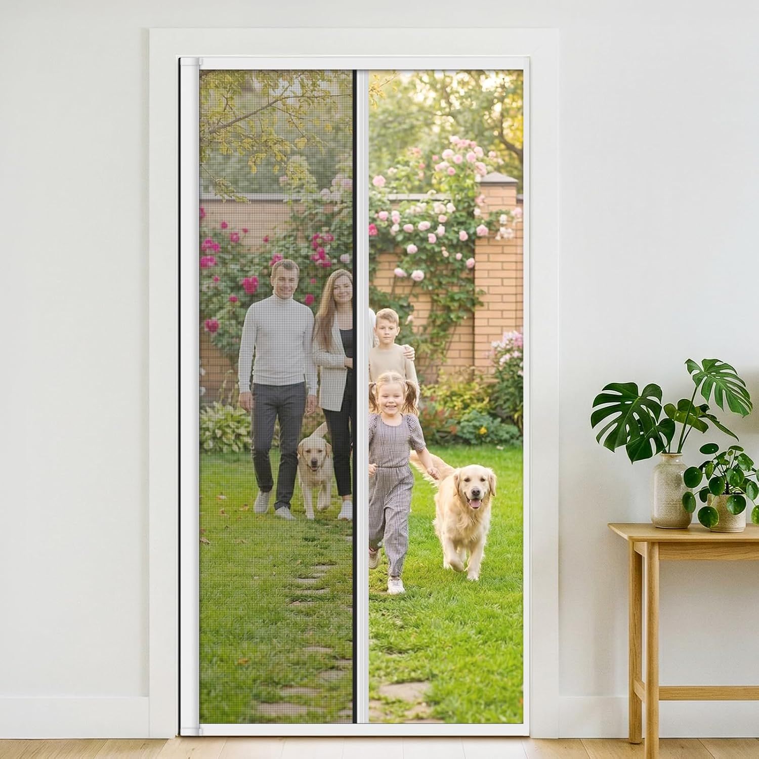 Retractable Screen Door 32" x 80"，Adjustable Patio Screen Door Kit，Width Adjustable，White Aluminum Frame &amp; Black Mesh，Suitable for Front Door, Rear Door,Bedroom