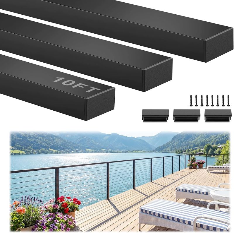 10FT Aluminum Black Handrail Perfect for Coastal Projects, 3 Pack Rectangular Flat Top Rail for Indoor Outdoor Deck Stair Cable Railing System, Black Outdoor Coating Tube for DIY Balustrade