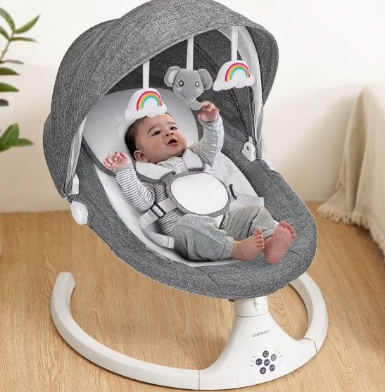 Caveen Electric Bluetooth Baby Rocker, 5 Swing Speeds, 3 Seat Positions, Adapter &amp; Battery Operated, Gray