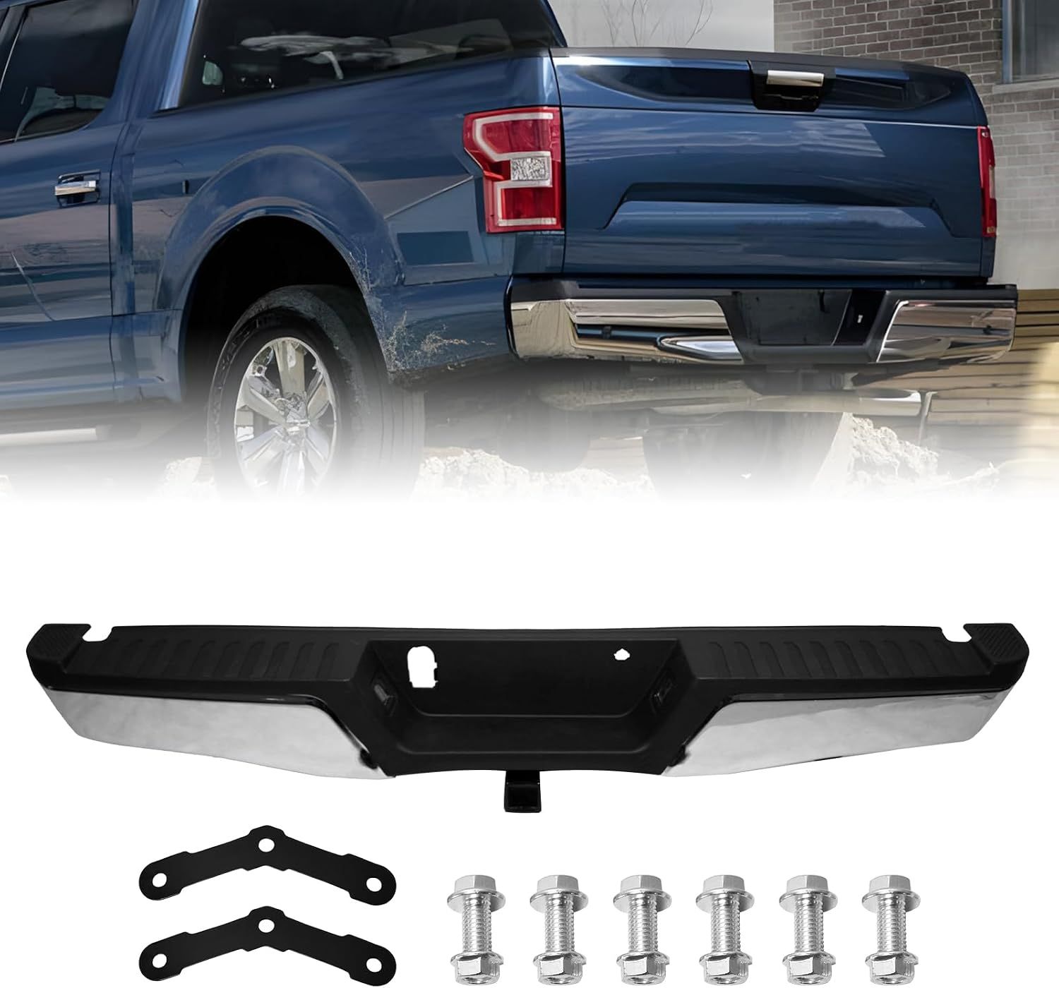 Rear Step Bumper for Ford F150 Pickup 2015-2020 Chrome Steel Rear Bumper With Max Tow Hitch Without Parking Sensor Holes Replacement for FO1103187