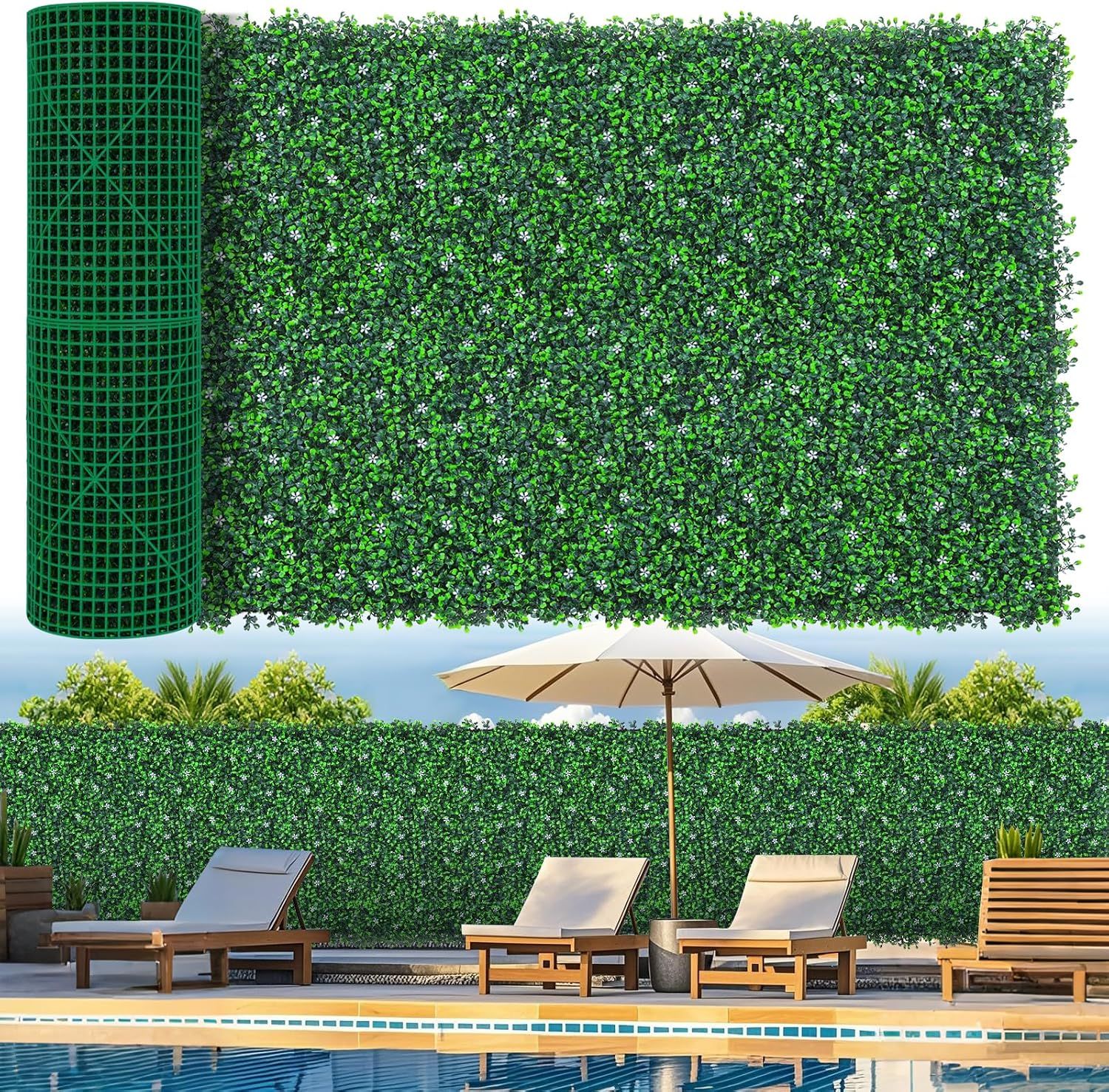 40"x 120"(33.33 sq.ft) Artificial Boxwood Grass Wall Roll with Flower