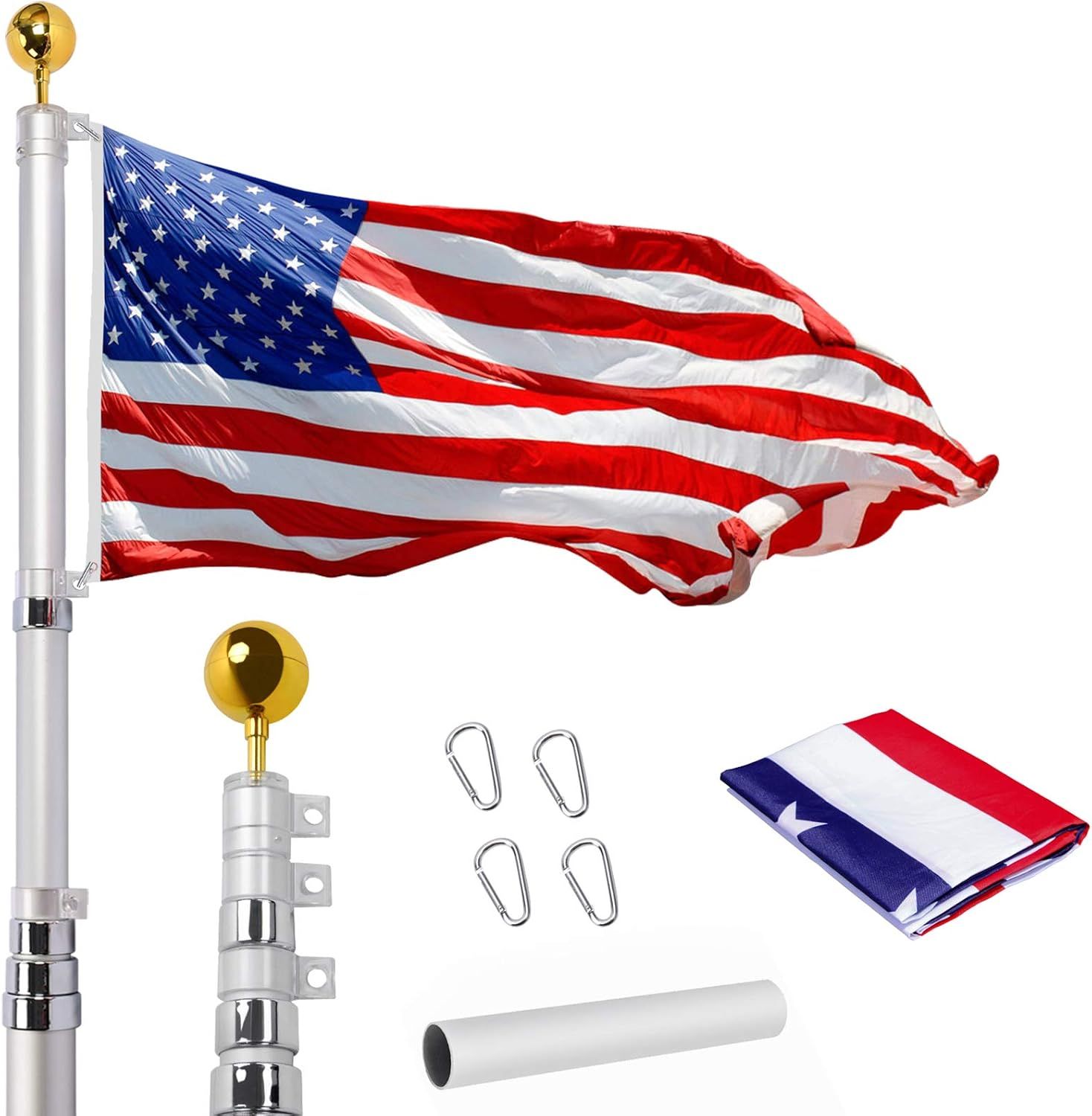 14 Gauge 30FT Telescoping Flag Pole Kit, Heavy Duty In Ground Telescopic Flag Poles with 3x5 American Flag, Outdoor Old Glory Flagpole Kits for Outside, Yard, Residential or Commercial