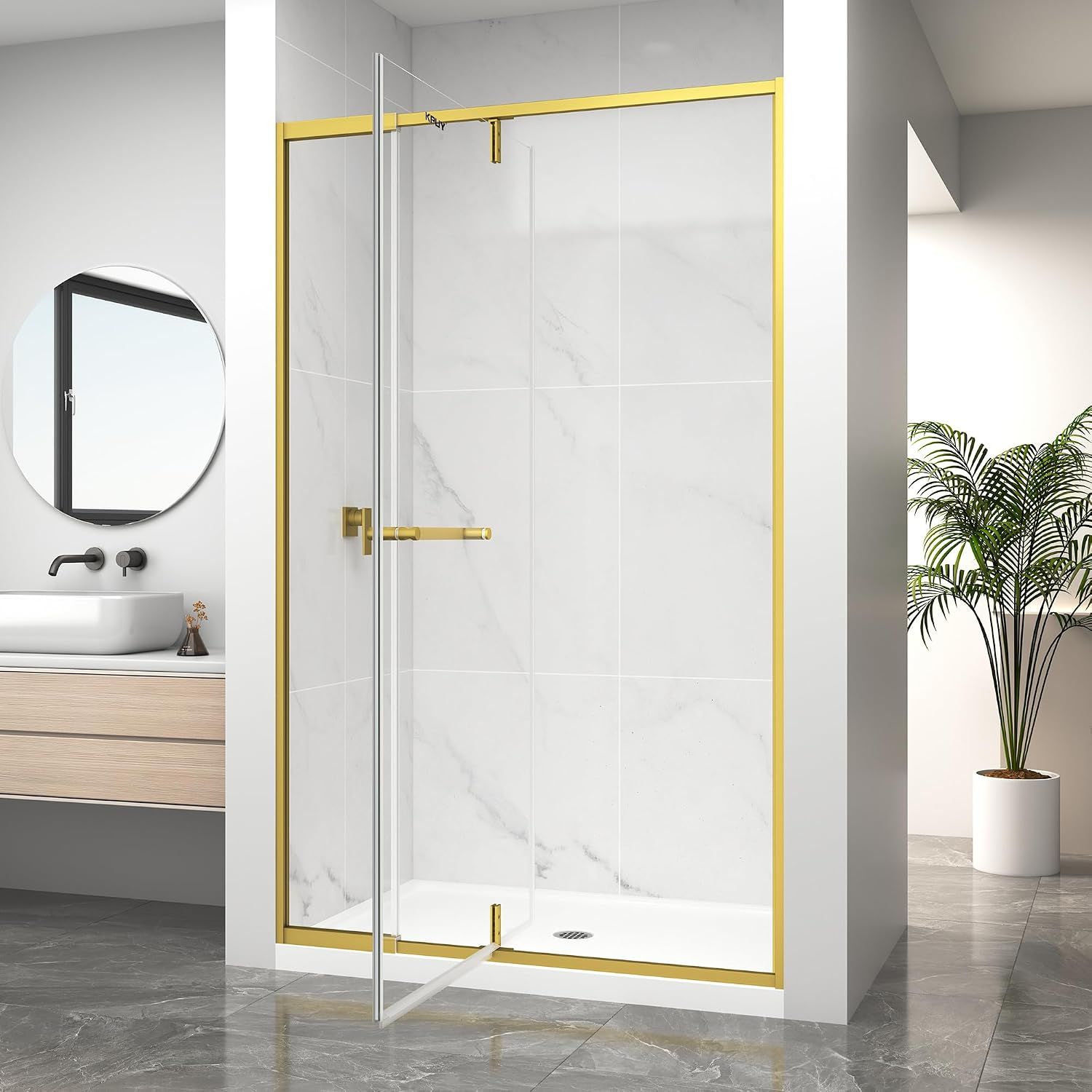 KPUY Semi-Frameless Pivot Shower Door 36-42" W x 72" H, Brushed Gold 1/4" (6mm) Tempered Glass with Explosion-Proof Film Nano Coating, Reversible Installation, Adjustable Width, Rust-Resistant