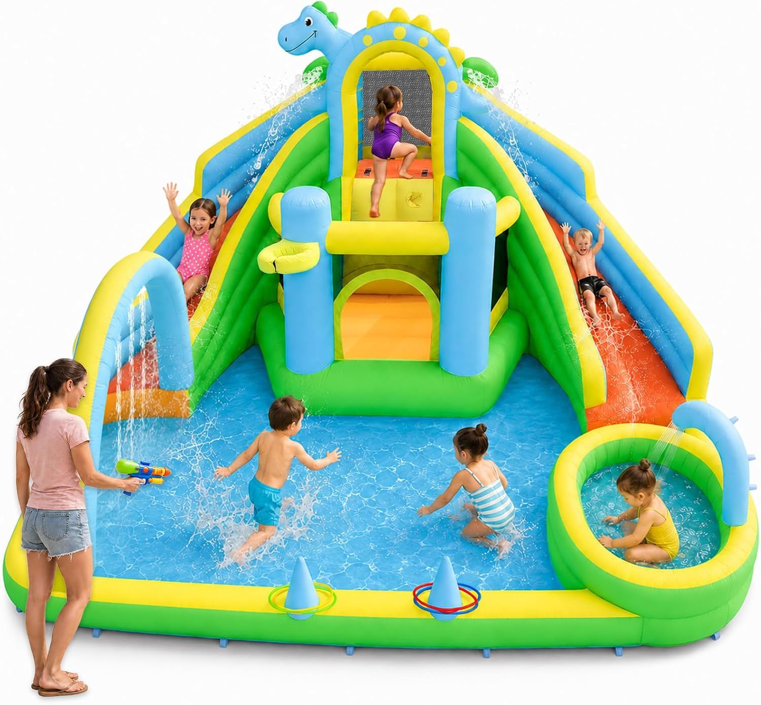 Inflatable Water Slide for Kids Backyard, Dinosaur Water Slide Dual Slides 8-in-1 Water Park, Dual Slides, Bounce House &amp; Splash Pool, Kids Ages 3-12, Climbing Wall, Basketball Hoop &amp; Sprinkler