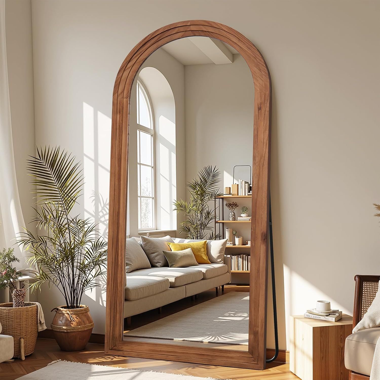 Antok Full Length Mirror with Solid Wood Frame, 76"×34" Wall Mounted Oversized Floor Mirror with Stand, Leaning Standing Hanging for Bedroom Living Room Entryway, Brown, Arched Syle