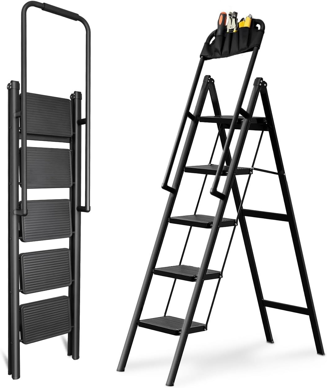 5-Step Folding Ladder with Handrails, Heavy Duty Ladders for Home &amp; Kitchen, Folding Ladder Easy to Store, Tall Ladder for Adults, Anti-Slip &amp; Space-Saving Step Ladder,