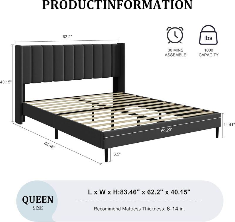 Queen Size Velvet Bed Frame with Upholstered Headboard, Queen Platform Bed, Wood Slat Support, No Spring Mattress Required, Easy to Assemble, No Noise Free, Black