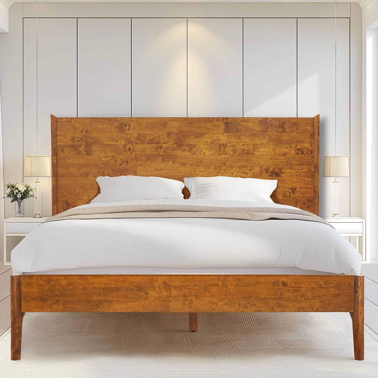 Acacia Haven King Premium Wooden Platform Bed, 100% Solid Wood Platform Bed with Headboard, Wood Slat Support &amp; No Box Spring Needed, Effortless Assembly, 800 lbs Capacity, Caramel.