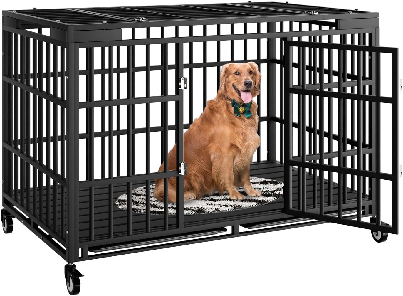 54 Inch Heavy Duty Dog Crate with Wheels,Indestructible Escape-Proof Dog Kennel with Locking Latch and Double Door,Extra Large XL XXL Crate Indoor for Large and Medium Dog with Removable Tray  Size