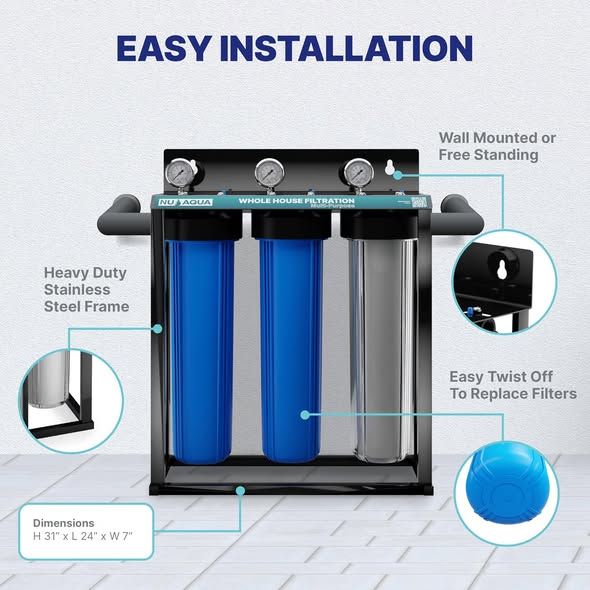 NU Aqua 3-Stage Main Line Whole House Water Filter System - 20" x 4.5"