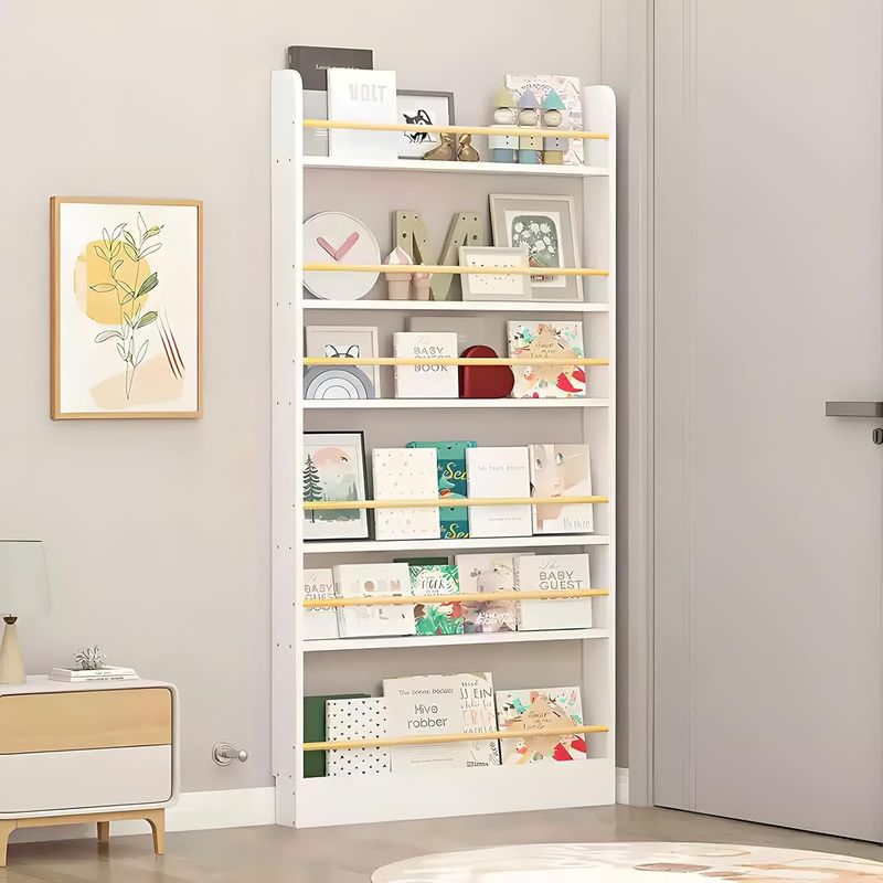 Behind the Door Bookshelf, Slim Wooden Bookcase, 6-Tier, White