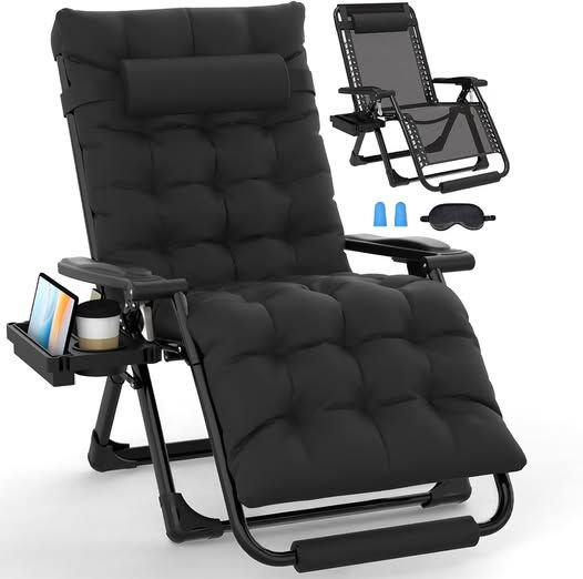Slendor Oversized Zero Gravity Chairs XL, 29in Padded Recliner Chair, Black Reclining Lounge Chair, Folding Anti Gravity Chairs w/Aluminum Alloy Lock,Headrest,Cup Holder, Support 440lbs,