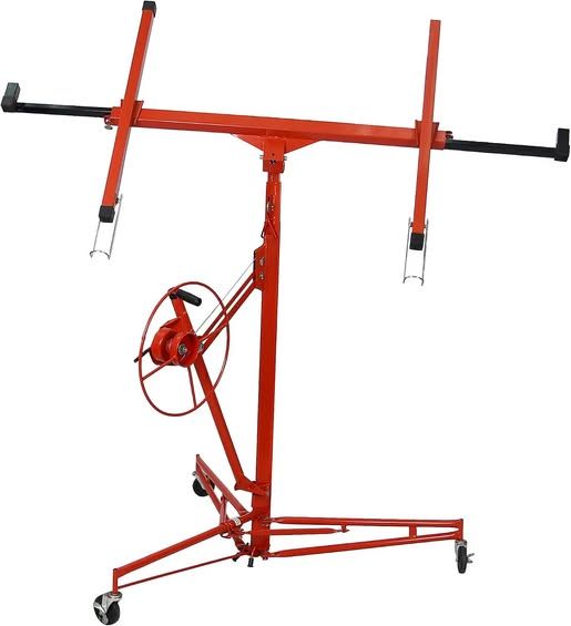 Drywall Rolling Lifter Panel, 11ft Sheetrock Lift Drywall Lift, 150lb Weight Capacity Panel Hoist Jack Tool, Steel Material w/Telescopic Arm &amp; 3 Lockable Wheels, 4' x 16' Plasterboard Size - Red