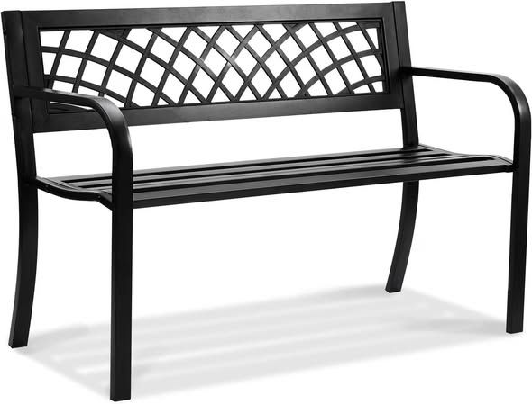 VEVOR Outdoor Bench, 46" Iron Steel Frame Garden Park Bench with Mesh Pattern and Plastic Backrest Armrests, Patio Bench for Garden, Park, Yard, Front Porch