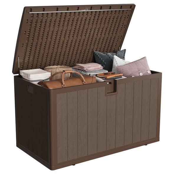 Garvee 130 Gallon Outdoor Storage Box, Lockable Plastic Deck Box with Lid, Waterproof &amp; UV-Resistant Storage Bin for Patio Cushions, Garden Tools &amp; Pool Accessories, Brown
