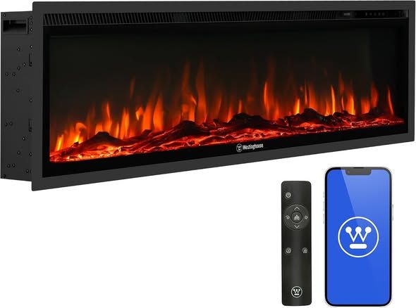 Westinghouse 50 Inch Electric Fireplace Heater, Compatible with Alexa &amp; Google Home, Wall Mount or in-Wall Recessed Fireplace Insert, 24 Hour Timer, Color Changing Flames, 750W/1500W Indoor Heater
