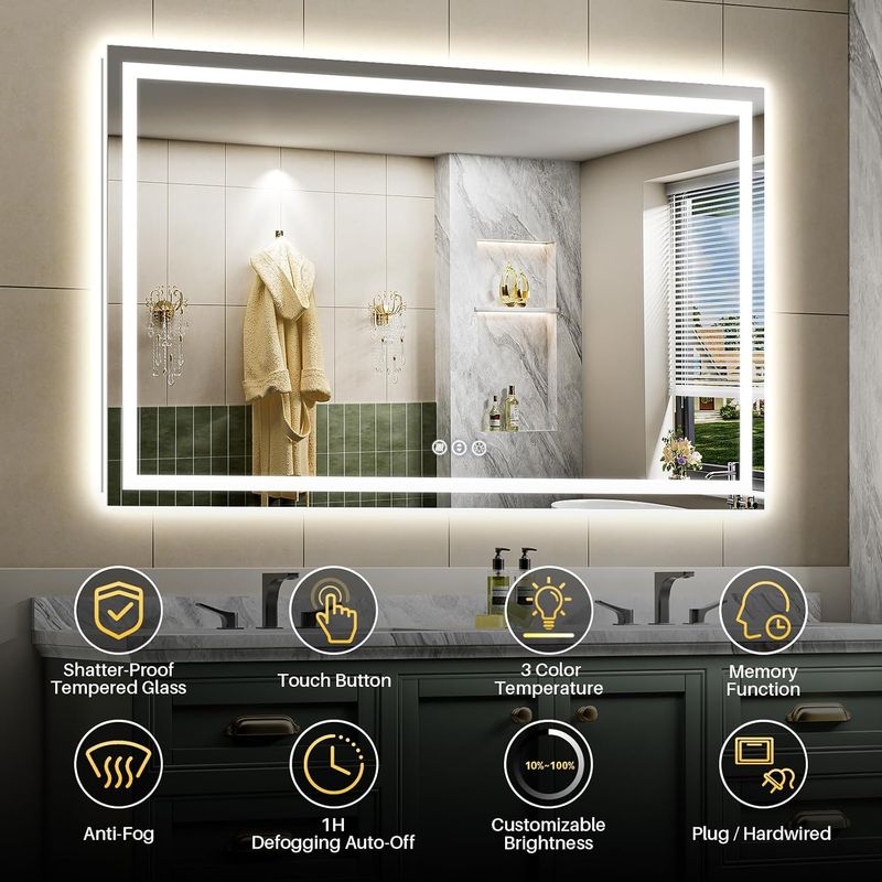 66x40 Inch LED Bathroom Mirror with Lights, Backlit &amp; Front Lit Anti-fog, 3 Color Dimmable, Memory Function, HD Reflection Tempered Glass, ETL Listed, IP54 Waterproof