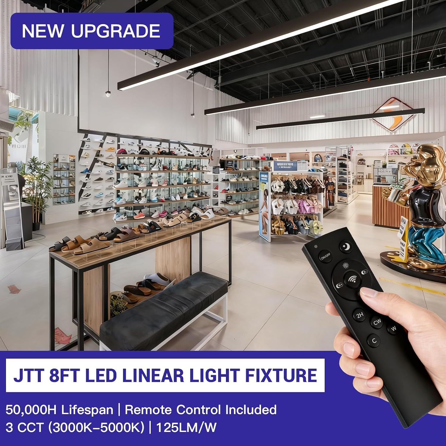 JTT 8FT LED Linear Light with Remote, 8Foot LED Shop Lights 100W 3000-5000K CCT Selectable,Commercial 8Feet Lighting Fixture Dimmable Lighting Fixture ETL for Gym Retails Office Garage Classroom,4Pack