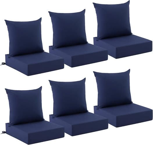 Outdoor Chair Cushions, Waterproof &amp; Fade Resistant Patio Cushions 24 x 24 x 5.75 In, Set of 6, Navy Blue, Removable Cover, For Patio Furniture, Lawn, Garden, Deck, Yard, Stay in Place
