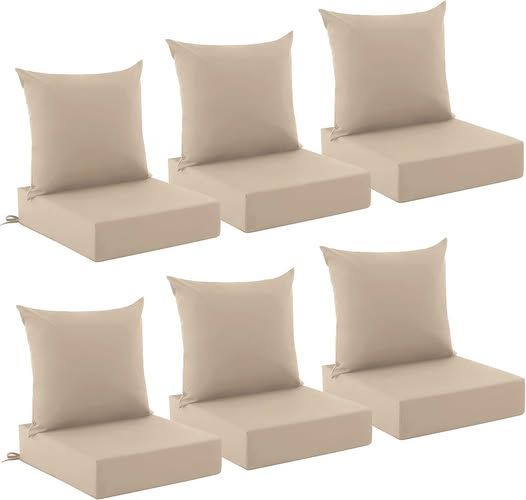 Outdoor Chair Cushions, Waterproof &amp; Fade Resistant Patio Cushions 24 x 24 x 5.75 In, Set of 6, Beige, Removable Cover, For Patio Furniture, Lawn, Garden, Deck, Yard, Stay in Place