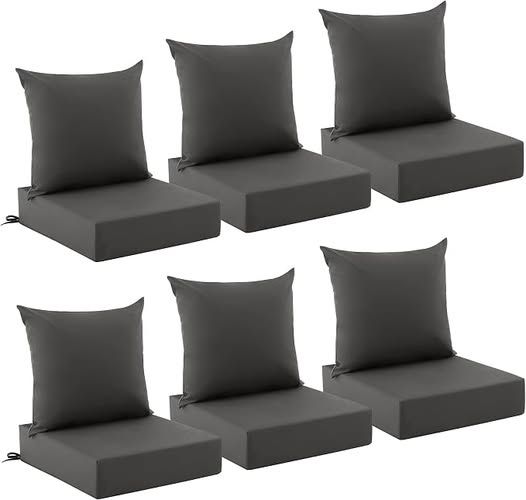 Outdoor Chair Cushions, Waterproof &amp; Fade Resistant Patio Cushions 24 x 24 x 5.75 In, Set of 6, Dark Grey, Removable Cover, For Patio Furniture, Lawn, Garden, Deck, Yard, Stay in Place