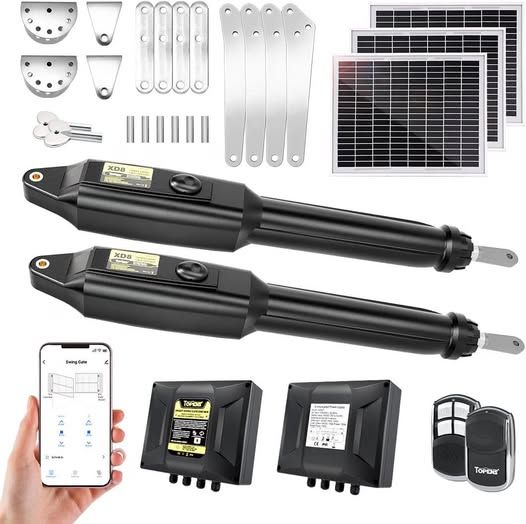 TOPENS XD852S Smart Solar Dual Swing Gate Opener Heavy Duty WiFi App Control, Dual Swing Gates Up to 18ft OR 880lbs per Arm, Solar Panel and Remote Control Included