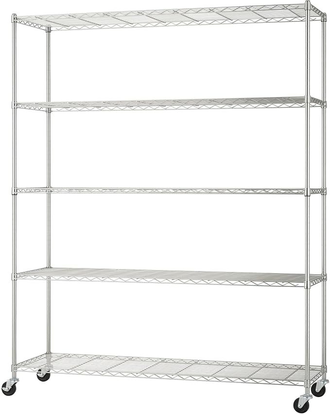 5-Tier Adjustable Wire Shelving with Wheels, Wire Shelf Rack for Kitchen Organization, Garage Storage, 500 to 2500 Pound Capacity, NSF Certified, 60” x 18” x 72”, EcoStorage Chrome